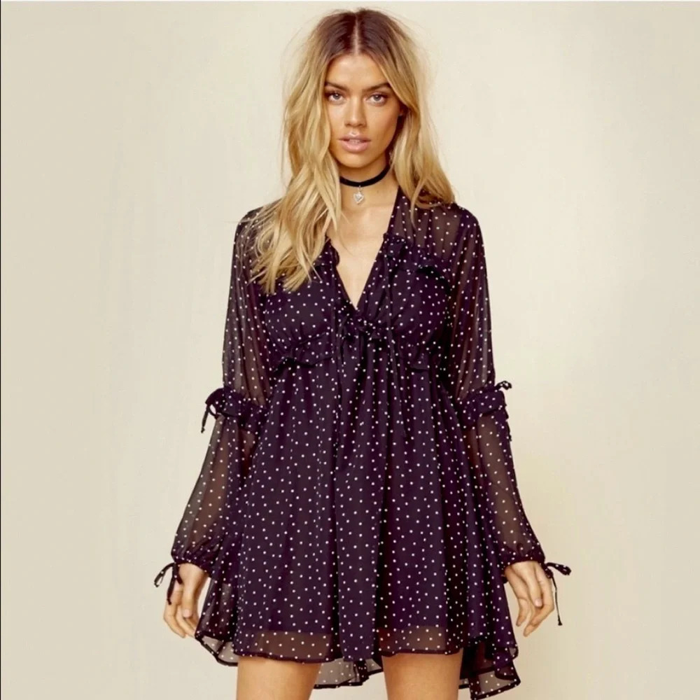 For Love & Lemons Truffles Polka Dot Babydoll Mini Dress Black Romantic Size S - Picture 4 of 11